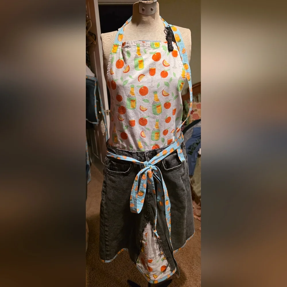 Upcycled Oranges & Champagne  Mimosa  Apron W Black Denim Jeans  Hand Crafted